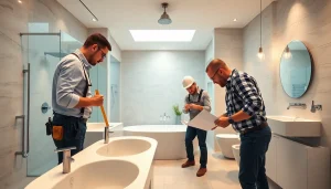 Bathroom builders expertly remodeling a stylish, modern bathroom with innovative designs.