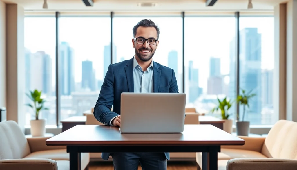 Showcase real estate agent facilitating transactions in a modern office.