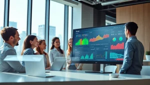 View of professionals collaborating on AI analytics dashboard at https://benchbot.ai, showcasing vibrant data visuals.