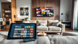 Explore diverse entertainment options with https://vizomate.com showcased on a sleek tablet in a cozy living room setting.