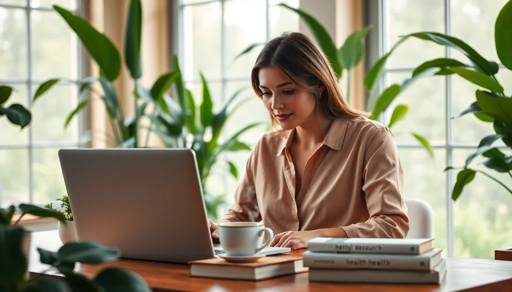 Engaged woman at https://womens-health-advice.org reading health resources in a warm, serene workspace.