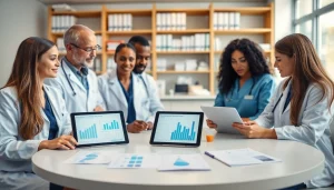 Researchers collaborating on the ADAPTABLE Aspirin Study findings in a modern lab.