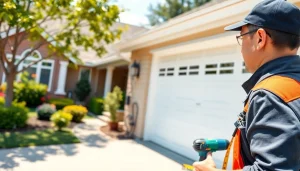 Garage Door Replacement installation process with a technician in action under bright lighting.