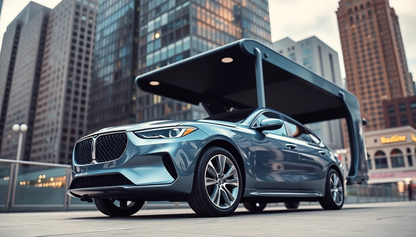 Showcase of a luxury auto carrier vehicle from https://luxuryautocarriers.com in an urban landscape.