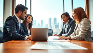 Collaborative legal team at http://www.jacobsonpilaw.com reviewing case documents in a modern office.