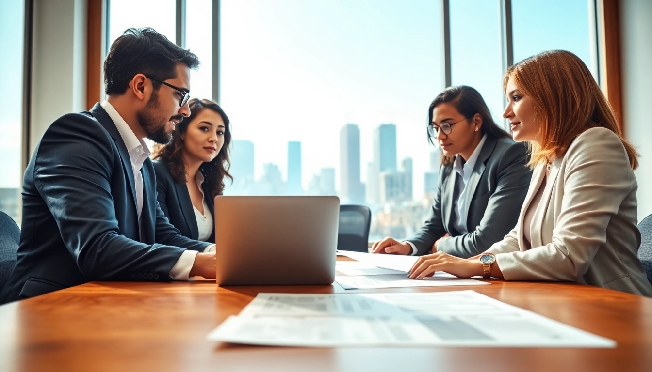 Collaborative legal team at http://www.jacobsonpilaw.com reviewing case documents in a modern office.