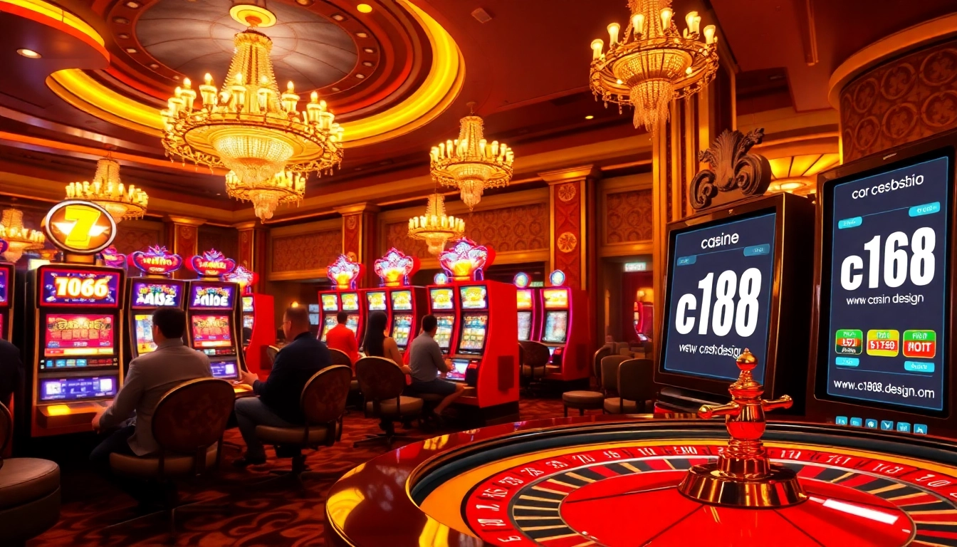 Players experience the thrill of slot machines at https://c168.design/, showcasing vibrant casino excitement.