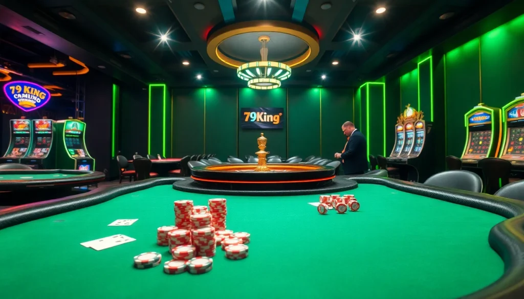Experience the thrilling action of 79king at luxury poker tables with dynamic betting, roulette wheels spinning, and vibrant slot machines displaying massive jackpots.