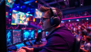 Engaged gamer using New88 software amid vibrant esports setup.
