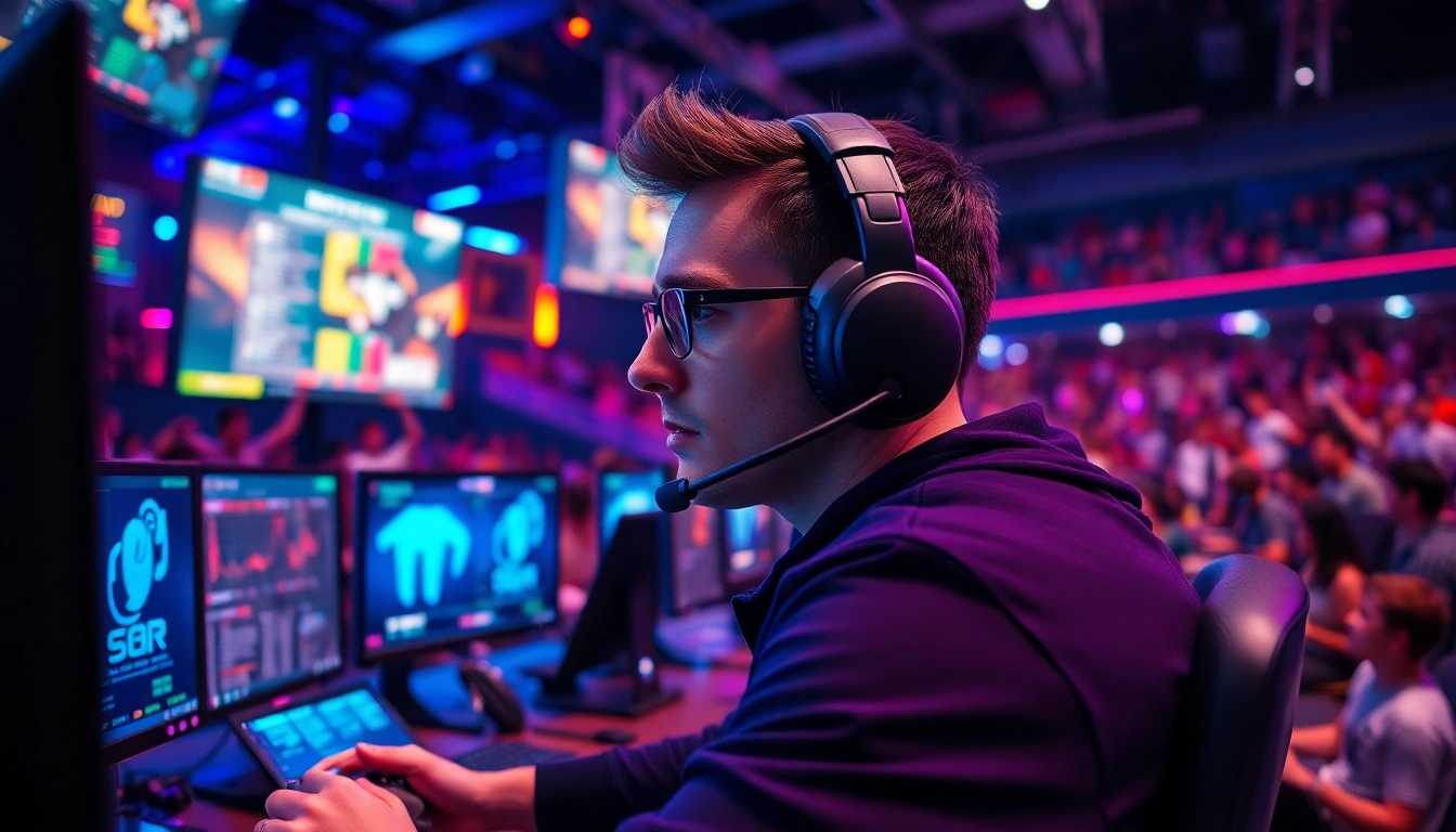 Engaged gamer using New88 software amid vibrant esports setup.