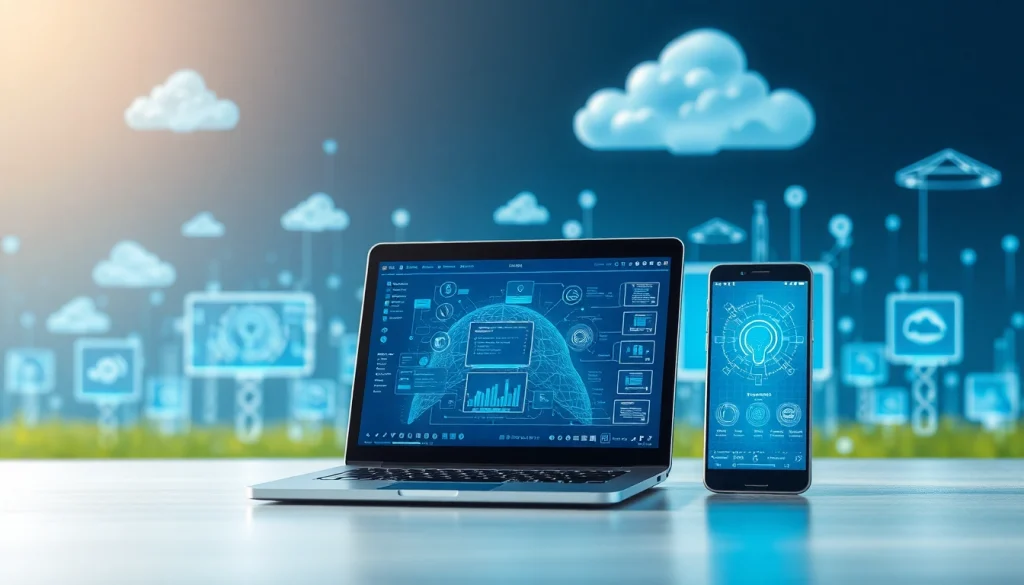 Discover technology innovations with a vibrant display of digital devices and AI interfaces.