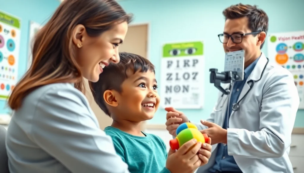 Engaging child during an eye examination for Our Children's Vision in a vibrant clinic setting.