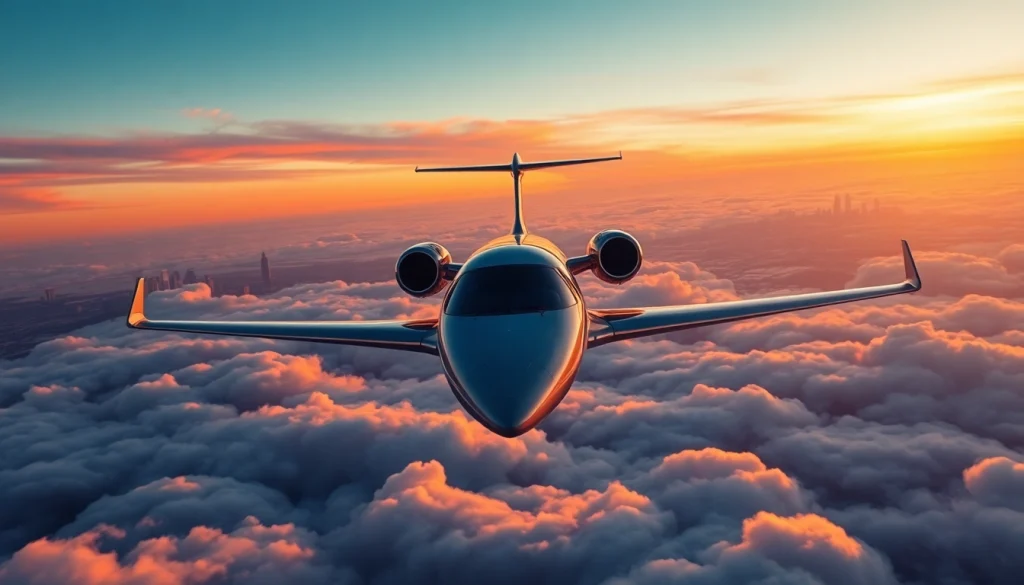 Experience luxury travel with https://flymarquis.com showcasing a private jet above the clouds at sunset.