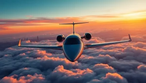 Experience luxury travel with https://flymarquis.com showcasing a private jet above the clouds at sunset.