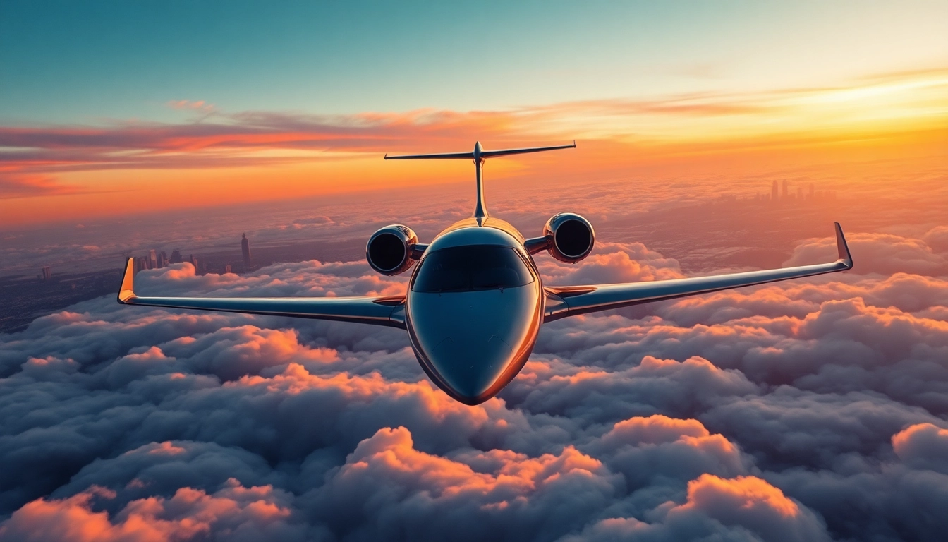 Experience luxury travel with https://flymarquis.com showcasing a private jet above the clouds at sunset.