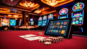 Experience the excitement of nohu90 at a luxurious casino table with vibrant slot machines.
