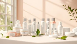 Koreanska hudvårdsprodukter som är vackert presenterade i ett fridfullt hudvårdsparadis, där naturliga ingredienser som aloe vera lyfts fram.