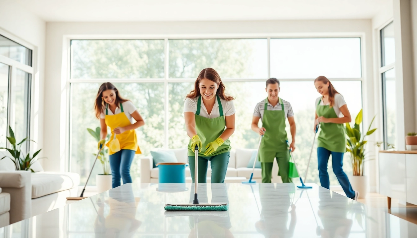 Cleaning service team working efficiently in a bright, clean living space with sparkling surfaces.