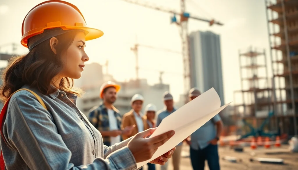 Explore careers in construction showcasing diverse professionals at a busy building site.
