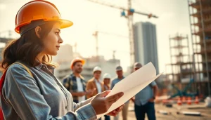 Explore careers in construction showcasing diverse professionals at a busy building site.