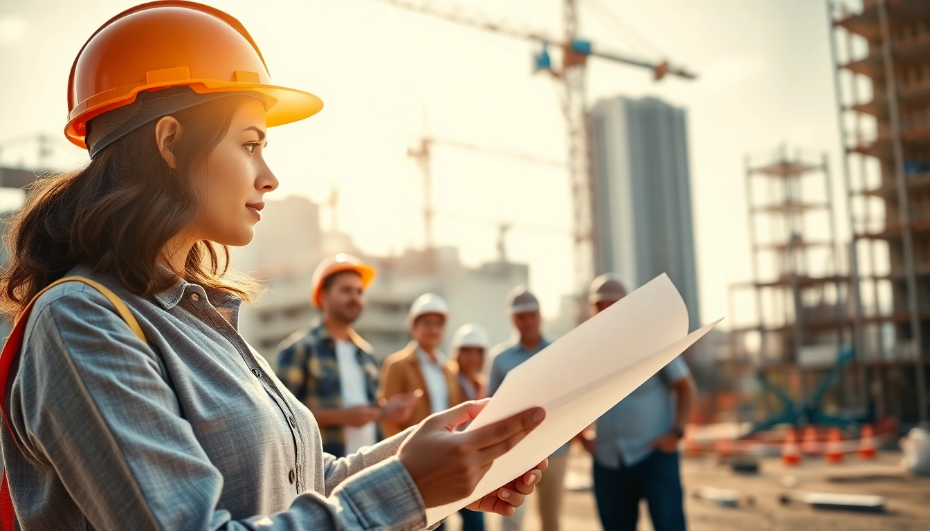 Explore careers in construction showcasing diverse professionals at a busy building site.
