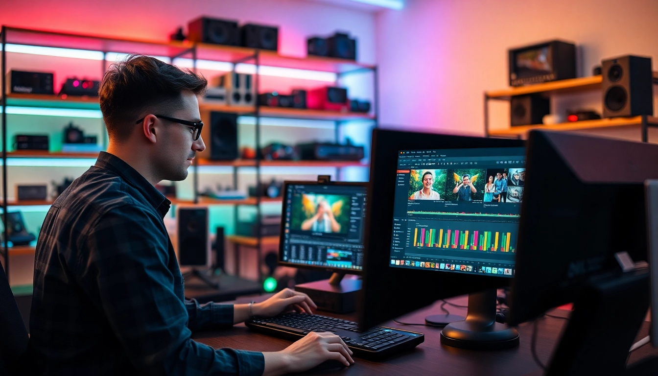 Professional video editors working meticulously on a dynamic video editing project in a modern studio