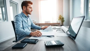 Księgowość dla spółki budowlanej prezentowana w nowoczesnym biurze, gdzie księgowy zarządza dokumentami finansowymi.