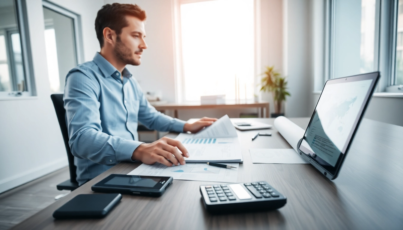 Księgowość dla spółki budowlanej prezentowana w nowoczesnym biurze, gdzie księgowy zarządza dokumentami finansowymi.