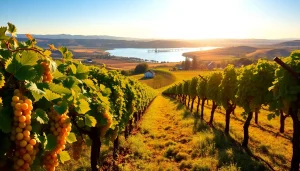 Stunning vineyard landscape in Clarksburg CA with river views at sunrise.