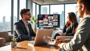 Showcasing real estate agent interacting with clients in a vibrant office environment.