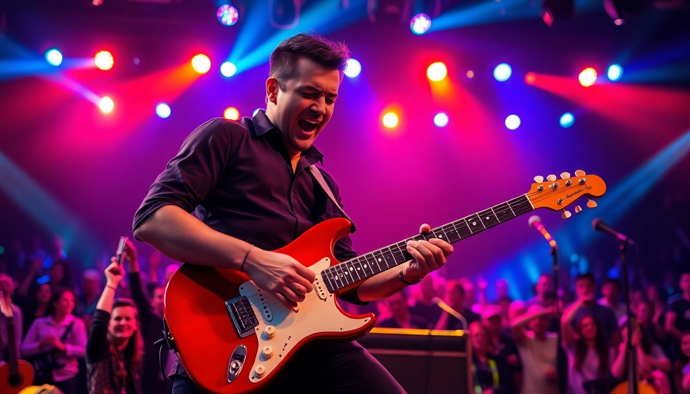 Guitarist showcasing skills on stage at https://guitarlessons.co.uk, delivering an electrifying performance.