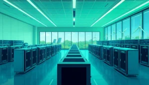 Visual representation of a cutting-edge facility for crypto mining, showcasing advanced technology and renewable energy sources.