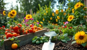 Gardening scene showcasing colorful flowers and vibrant vegetable plants in a backyard garden.