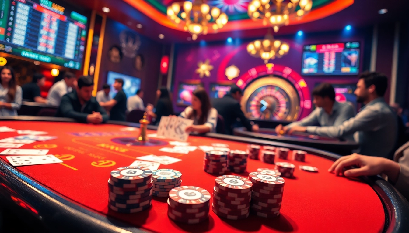 Exciting gambling environment showcasing giaimanhacai.news poker strategies and roulette action.