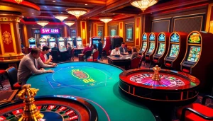 SV388 players engage in thrilling casino games with colorful poker and roulette tables lit up.