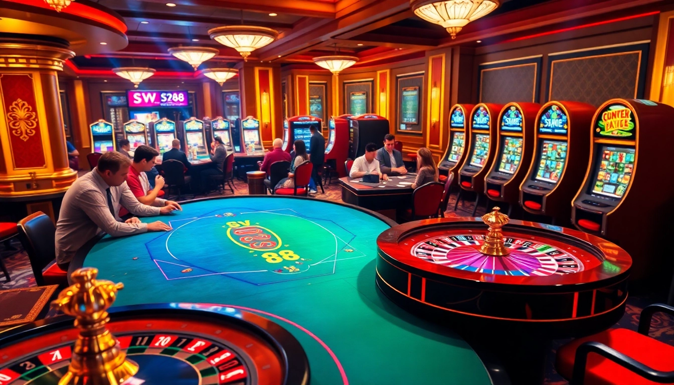 SV388 players engage in thrilling casino games with colorful poker and roulette tables lit up.