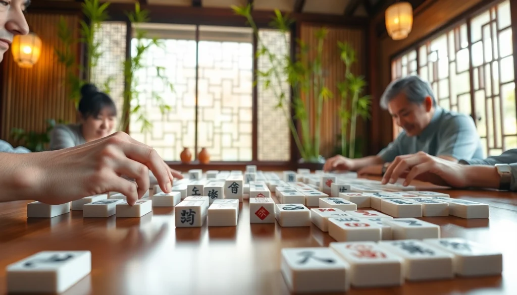 Permainan mahjong yang menarik dengan fokus pada ubin yang indah dan suasana kompetisi ramah.