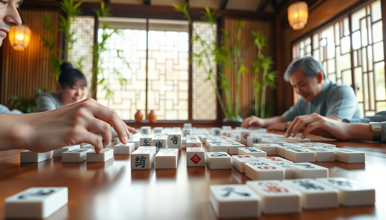 Permainan mahjong yang menarik dengan fokus pada ubin yang indah dan suasana kompetisi ramah.