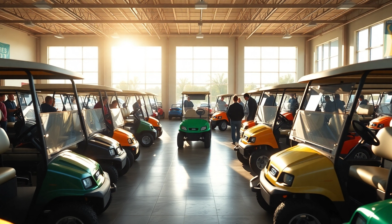 Browse premium golf carts for sale Fresno: featuring colorful models in a vibrant showroom.