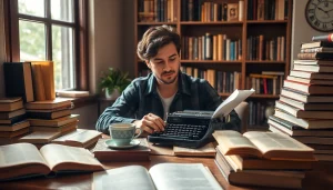 Engaging scene depicting a creative workspace of https://csduncanbooks.com with books and a vintage typewriter.