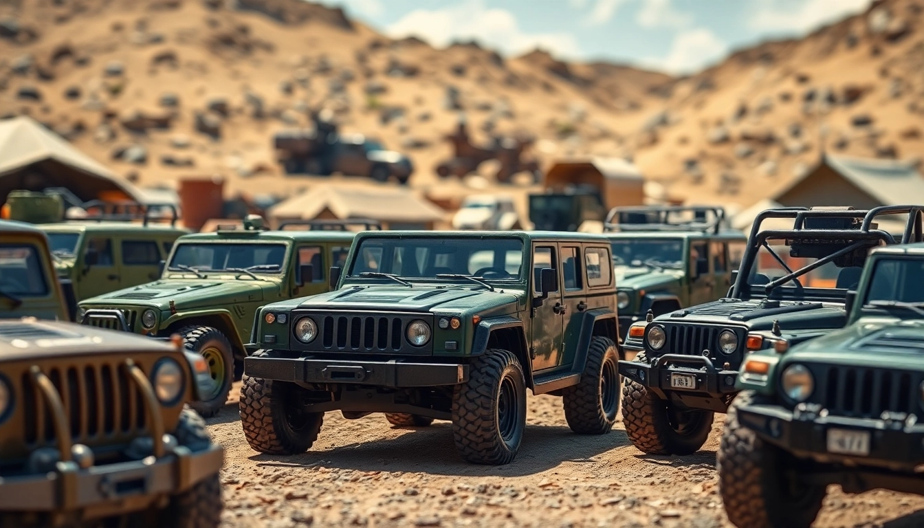Showcase of rc military cars in a military-themed setting highlighting their features