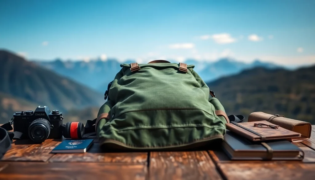 Vidi Rucksack auf einem rustikalen Tisch mit Reisaccessoires, ideal für Outdoor-Abenteuer.