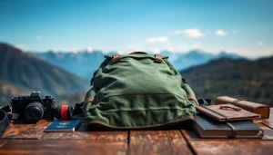 Vidi Rucksack auf einem rustikalen Tisch mit Reisaccessoires, ideal für Outdoor-Abenteuer.