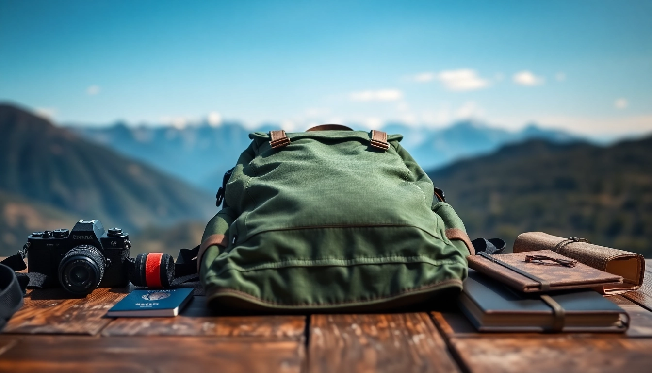 Vidi Rucksack auf einem rustikalen Tisch mit Reisaccessoires, ideal für Outdoor-Abenteuer.