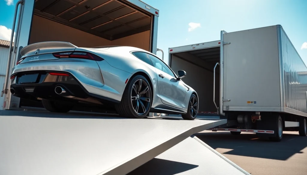 Loading a luxury car at https://luxuryautocarriers.com in a clean, professional environment.