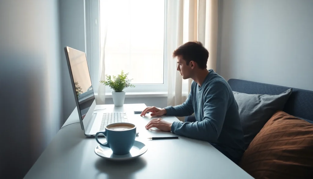 Genera ideas sobre cómo hacer dinero desde casa con un trabajador en su oficina doméstica.