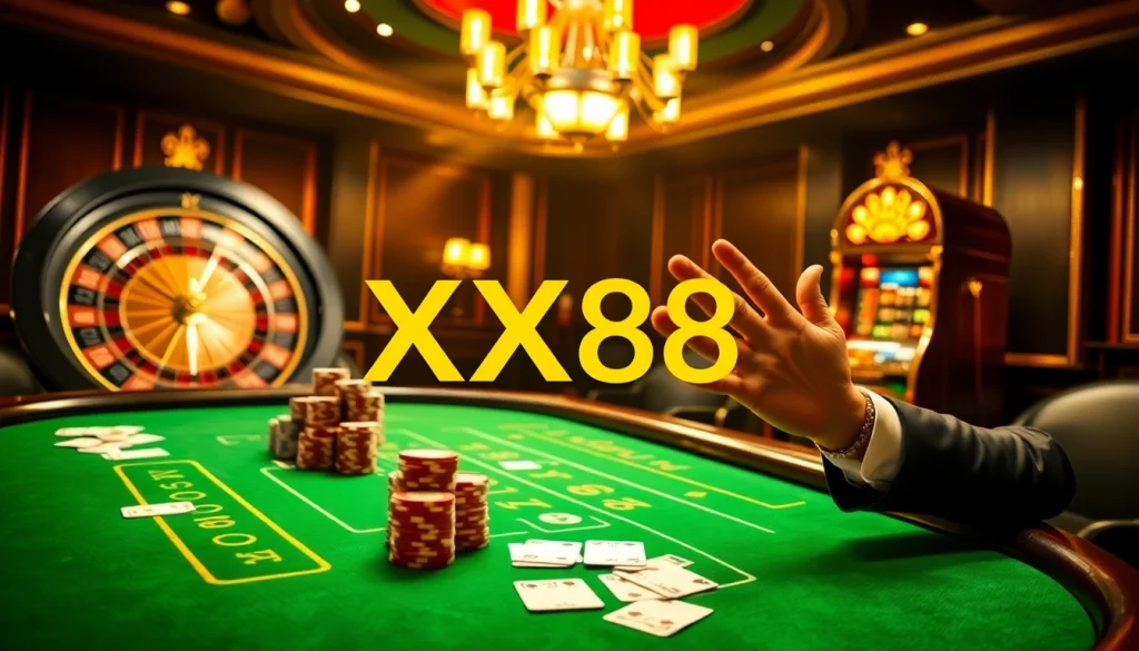 Players winning at XX88's baccarat table surrounded by vibrant gaming elements