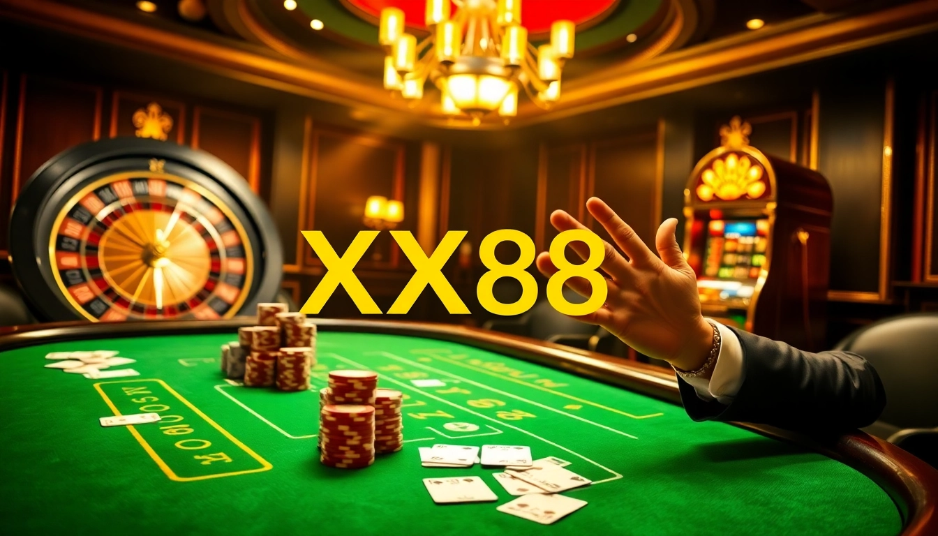 Players winning at XX88's baccarat table surrounded by vibrant gaming elements