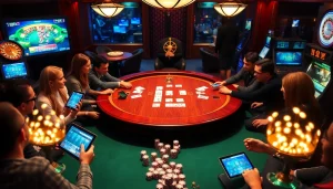 Action-packed scene of online gambling at https://918kiss.net/ with poker table, chips, and cards.