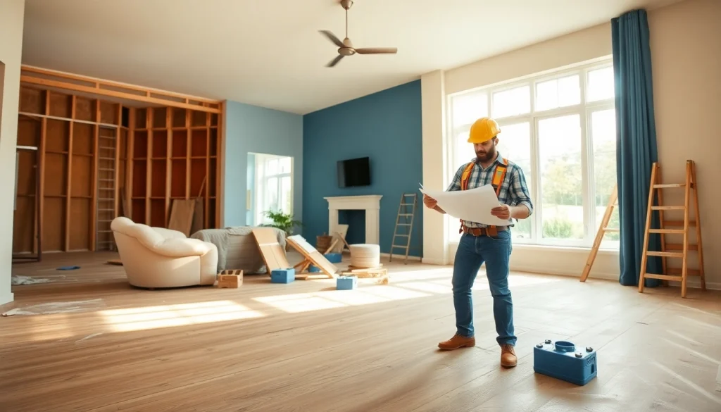 Home renovation project with a contractor planning in a beautifully lit living room environment.